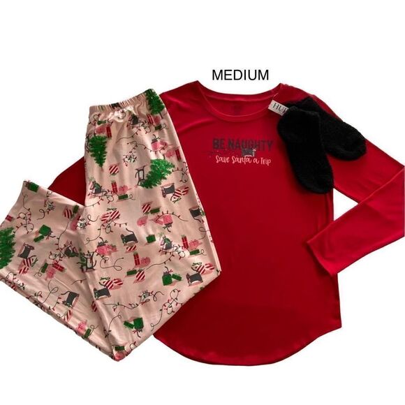 HUE Women’s MEDIUM 3-Piece “Be Naughty, Save Santa a Trip” Pajama Set - Picture 1 of 9